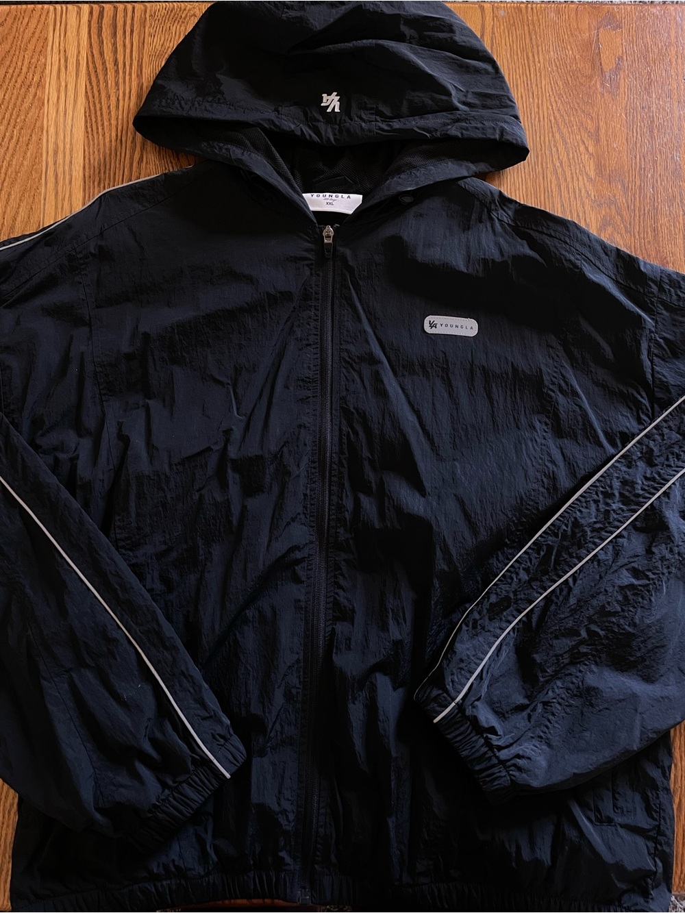 YoungLA Black Hooded Windbreaker with White Piping